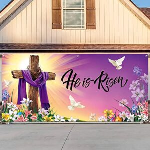 outdoor easter garage door banner cover he is risen backdrop easter decorations extra large jesus cross religious banner background for spring home outdoor indoor easter party supplies 6.1 x 13 ft