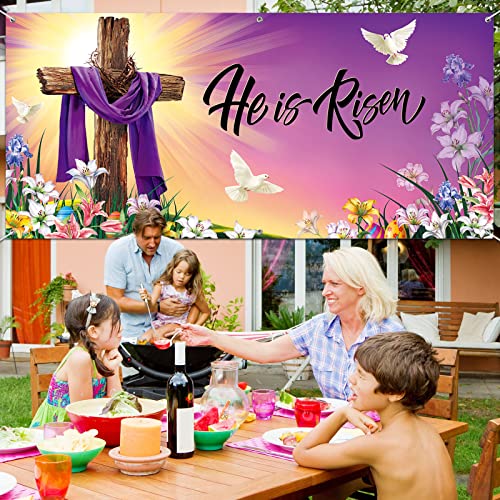 Outdoor Easter Garage Door Banner Cover He is Risen Backdrop Easter Decorations Extra Large Jesus Cross Religious Banner Background for Spring Home Outdoor Indoor Easter Party Supplies 6.1 x 13 ft