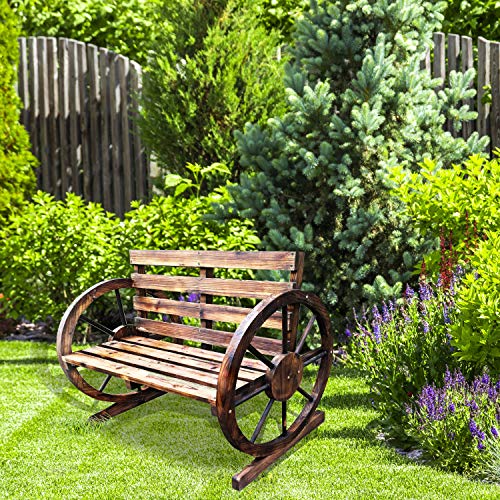 BACKYARD EXPRESSIONS PATIO · HOME · GARDEN 906969-NM Rustic Outdoor Wagon Wheel Design-Slatted Farmhouse Garden, Patio, Porch | Burnt Wood Finish | 2-Person Bench | Backyard Expressions, Brown