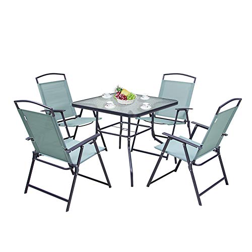 Crestlive Products 5 Piece Patio Dining Set with 4 Folding Chairs and Table Outdoor Dining Furniture with Square Glass Tabletop, Umbrella Hole for Bistro, Garden, Backyard, Deck(Green)