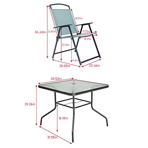 Crestlive Products 5 Piece Patio Dining Set with 4 Folding Chairs and Table Outdoor Dining Furniture with Square Glass Tabletop, Umbrella Hole for Bistro, Garden, Backyard, Deck(Green)