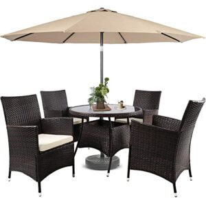 suncrown 5 piece outdoor dining set all-weather wicker patio dining table and chairs with cushions, tempered glass tabletop with 9 ft patio umbrella for patio backyard porch garden poolside, round