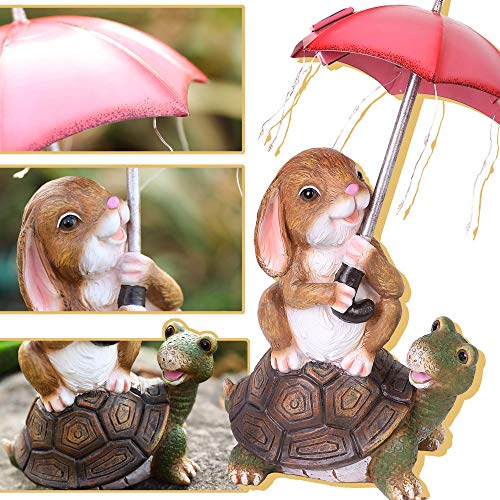 GIGALUMI Solar Garden Statue Outdoor Decor, Rabbit Siting on Turtle Holding an Umbrella with String Lights, Easter Bunny Statue for Patio, Lawn, Yard Art Decoration, Housewarming Garden Gift