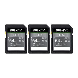 pny 64gb elite class 10 u1 v10 sdxc flash memory card 3-pack – 100mb/s read, class 10, u1, v10, full hd, uhs-i, full size sd (p-sd64gx3u1100el-mp)
