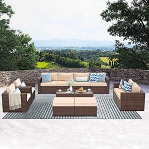 Patiorama 12 Piece Patio Furniture Set, Outdoor Sectional Sofa, All-Weather Brown PE Wicker Rattan Conversation Set, Patio Couch Furniture Set w/Coffee Table for Balcony Garden Pool(Beige Cushion)