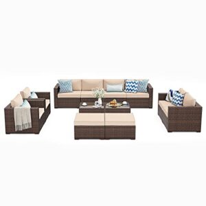 Patiorama 12 Piece Patio Furniture Set, Outdoor Sectional Sofa, All-Weather Brown PE Wicker Rattan Conversation Set, Patio Couch Furniture Set w/Coffee Table for Balcony Garden Pool(Beige Cushion)