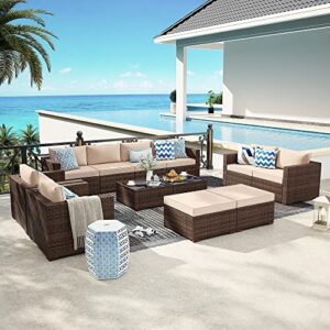 Patiorama 12 Piece Patio Furniture Set, Outdoor Sectional Sofa, All-Weather Brown PE Wicker Rattan Conversation Set, Patio Couch Furniture Set w/Coffee Table for Balcony Garden Pool(Beige Cushion)