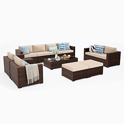 Patiorama 12 Piece Patio Furniture Set, Outdoor Sectional Sofa, All-Weather Brown PE Wicker Rattan Conversation Set, Patio Couch Furniture Set w/Coffee Table for Balcony Garden Pool(Beige Cushion)