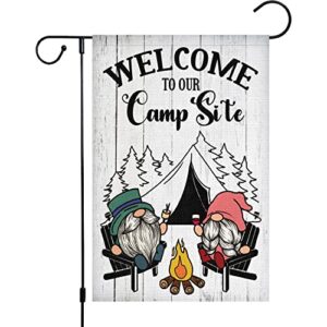 louise maelys camping camper gnome garden flag for campsite vertical 12×18 double sided, welcome to our camp site small camping flags outdoor fire pit camper camping campsite decoration (only flag)
