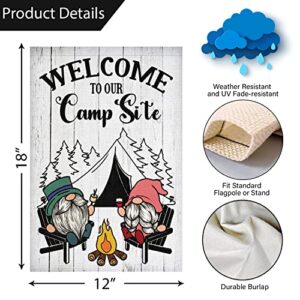 Louise Maelys Camping Camper Gnome Garden Flag for Campsite Vertical 12x18 Double Sided, Welcome to Our Camp Site Small Camping Flags Outdoor Fire Pit Camper Camping Campsite Decoration (ONLY FLAG)