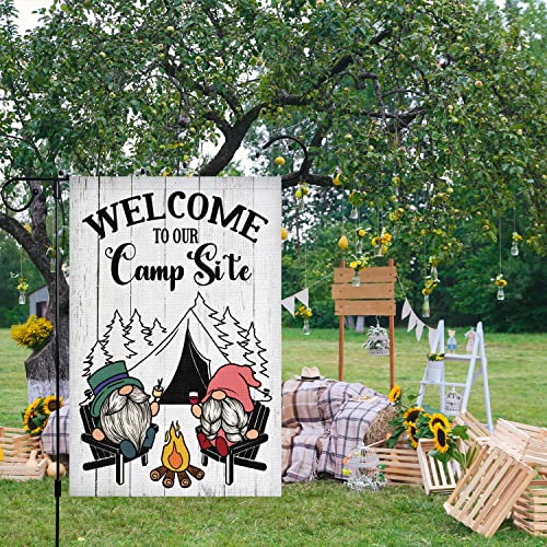 Louise Maelys Camping Camper Gnome Garden Flag for Campsite Vertical 12x18 Double Sided, Welcome to Our Camp Site Small Camping Flags Outdoor Fire Pit Camper Camping Campsite Decoration (ONLY FLAG)