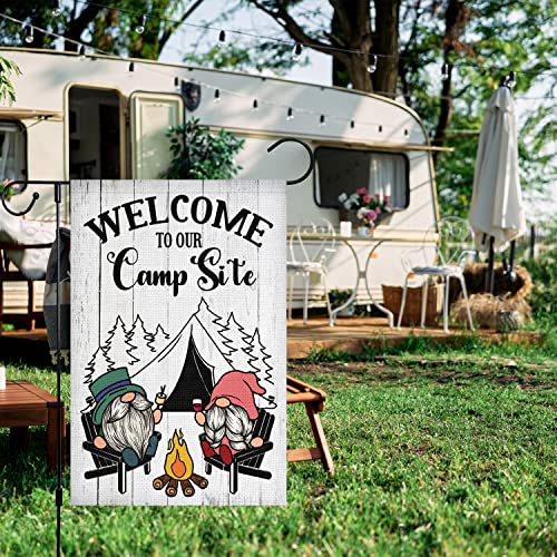 Louise Maelys Camping Camper Gnome Garden Flag for Campsite Vertical 12x18 Double Sided, Welcome to Our Camp Site Small Camping Flags Outdoor Fire Pit Camper Camping Campsite Decoration (ONLY FLAG)