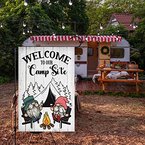 Louise Maelys Camping Camper Gnome Garden Flag for Campsite Vertical 12x18 Double Sided, Welcome to Our Camp Site Small Camping Flags Outdoor Fire Pit Camper Camping Campsite Decoration (ONLY FLAG)