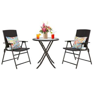 patio rattan steel folding bistro set, all weather resistant wicker, 3 pcs set of foldable garden table with top glass and chairs with arms
