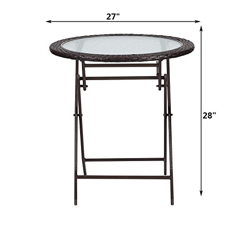 Patio Rattan Steel Folding Bistro Set, All Weather Resistant Wicker, 3 PCS Set of Foldable Garden Table with Top Glass and Chairs with Arms