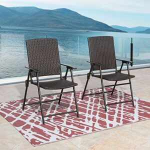 Patio Rattan Steel Folding Bistro Set, All Weather Resistant Wicker, 3 PCS Set of Foldable Garden Table with Top Glass and Chairs with Arms