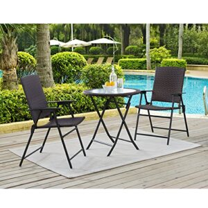 Patio Rattan Steel Folding Bistro Set, All Weather Resistant Wicker, 3 PCS Set of Foldable Garden Table with Top Glass and Chairs with Arms