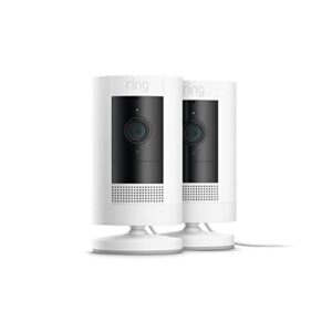 ring stick up cam plug-in hd security camera with two-way talk, works with alexa – white – 2-pack
