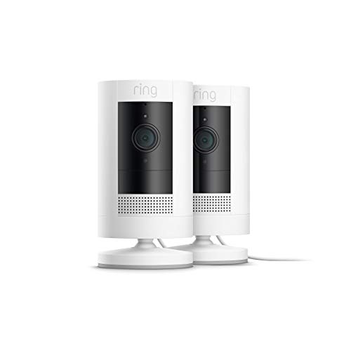 Ring Stick Up Cam Plug-In HD security camera with two-way talk, Works with Alexa – White – 2-Pack