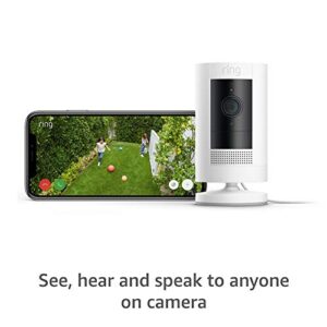 Ring Stick Up Cam Plug-In HD security camera with two-way talk, Works with Alexa – White – 2-Pack