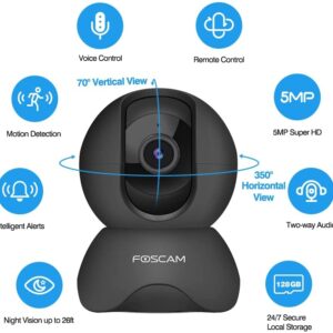 Foscam 5MP WiFi Pet Cameras for Home Security, 2.4GHz Indoor Camera Baby Monitor with 360° Pan Tilt, 2-Way Audio, 6X Digital Zoom, Night Vision, AI Human Detection, Cloud & SD Card Storage