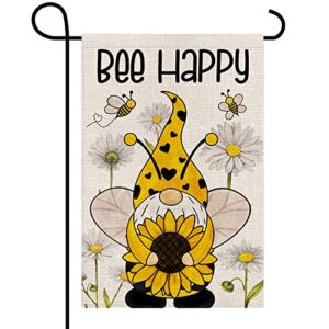 texupday bee happy gnome with sunflower daisy decoration double sided burlap garden flag spring summer seasonal outdoor yard flag 12″ x 18″