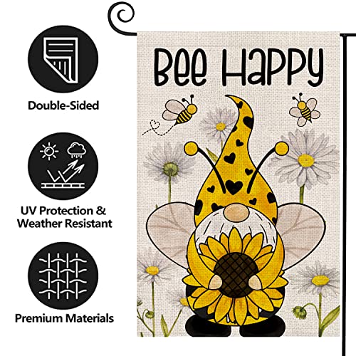 Texupday Bee Happy Gnome With Sunflower Daisy Decoration Double Sided Burlap Garden Flag Spring Summer Seasonal Outdoor Yard Flag 12" x 18"