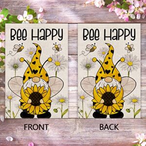 Texupday Bee Happy Gnome With Sunflower Daisy Decoration Double Sided Burlap Garden Flag Spring Summer Seasonal Outdoor Yard Flag 12" x 18"