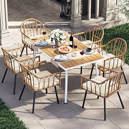 YITAHOME 7 Pieces Outdoor Patio Dining Set, Rattan Wicker Patio Dining Chair & Table Set for 6 People, Sectional Conversation Set with Umbrella Hole for Patios, Backyard, Balcony, Garden, Lawn