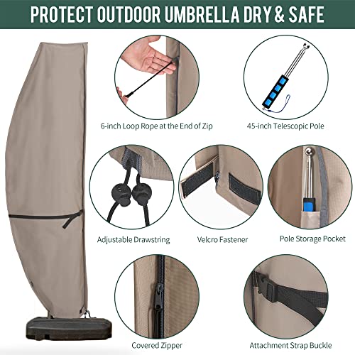 Rachmi Patio Offset Umbrella Cover with Zipper & Rod, Heavy Duty 600D Water-Resistant UV Resistant Banana Cover Fits Round/Square Outdoor Garden Beach Cantilever Parasol 7.5-11.5 Feet, Khaki