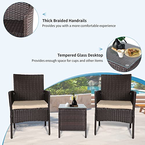 Patiomore 3 Pieces Outdoor Bistro Set Patio Furniture Set PE Brown Wicker Patio Chairs with Coffee Table for Front Porch, Balcony, Backyard (Brown Cushion)