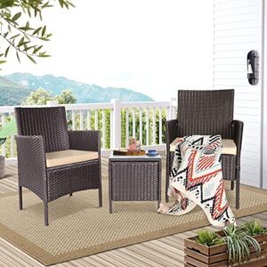 Patiomore 3 Pieces Outdoor Bistro Set Patio Furniture Set PE Brown Wicker Patio Chairs with Coffee Table for Front Porch, Balcony, Backyard (Brown Cushion)