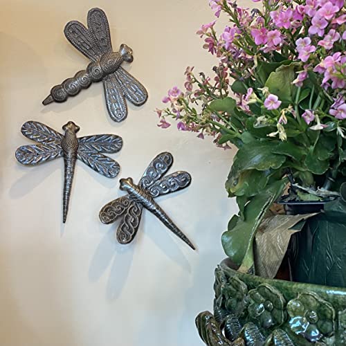 It's Cactus Set of 3 Small Garden Dragonflies 6 Inches, Decorative Wall Hanging Plaques, Indoor Outdoor, Fall Decorations, Handmade, Fair Traded Haitian Artwork