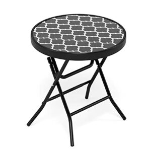 mfstudio patio side table, folding portable round bistro coffee table, tempered glass metal end table, plant stand for indoor & outdoor garden backyard lawn poolside, 18 inch pattern black
