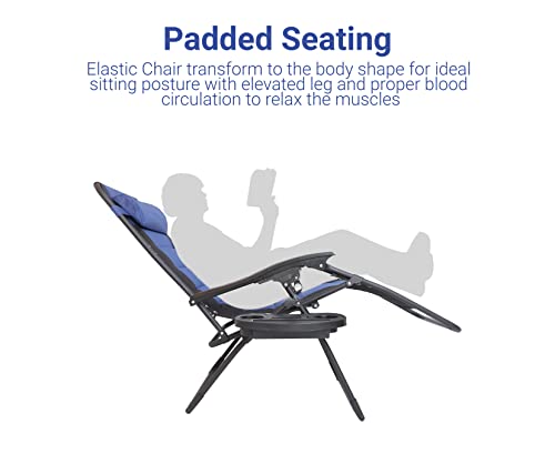 BTEXPERT Blue Black Oversized Padded Zero Gravity Chair Folding Recliner Case Lounge Outdoor Pool Patio Beach Yard Garden Utility Tray Cup Holder