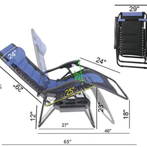 BTEXPERT Blue Black Oversized Padded Zero Gravity Chair Folding Recliner Case Lounge Outdoor Pool Patio Beach Yard Garden Utility Tray Cup Holder