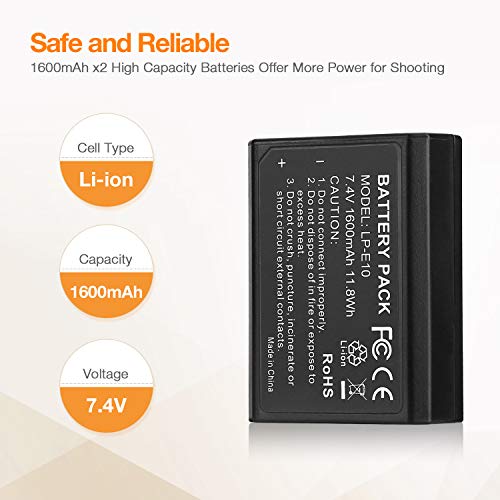 Powerextra for Canon LP-E10 Battery Charger, 2Pcs lpe10 Replacement Canon Battery with USB Rapid Dual Charger kit for Canon EOS Rebel T7 T6 T5 T3 T100 3000D 2000D 1300D Digital Cameras