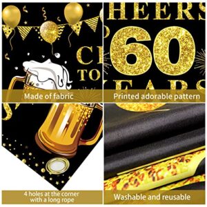 Large Cheers to 60 Years Banner Backdrop, Black Gold Happy 60th Birthday Decorations, 60 Anniversary Photo Background Poster Sign Party Supplies(72.8 x 43.3 inch)