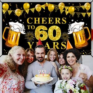 Large Cheers to 60 Years Banner Backdrop, Black Gold Happy 60th Birthday Decorations, 60 Anniversary Photo Background Poster Sign Party Supplies(72.8 x 43.3 inch)
