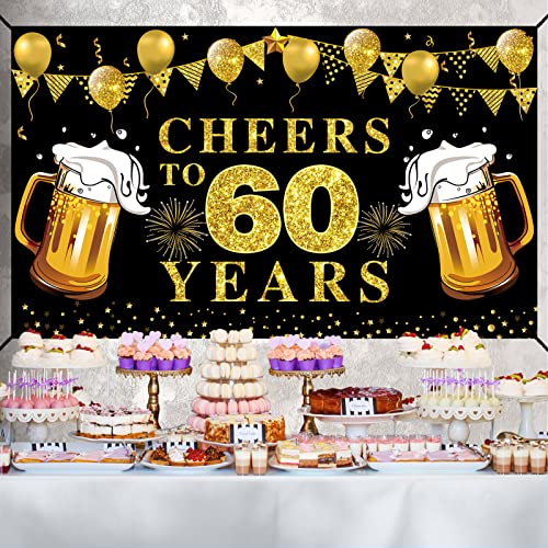 Large Cheers to 60 Years Banner Backdrop, Black Gold Happy 60th Birthday Decorations, 60 Anniversary Photo Background Poster Sign Party Supplies(72.8 x 43.3 inch)