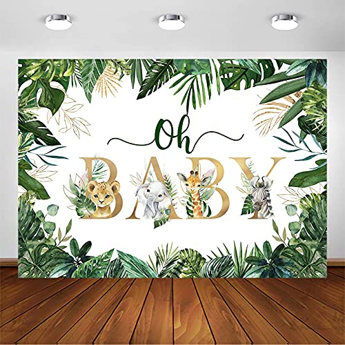 Avezano Jungle Animals Oh Baby Backdrop for Baby Shower Decoration Photography Background Safari Gold Green Greenery Leaves Gender Neutral Baby Shower Birthday Party Photoshoot (7x5ft)