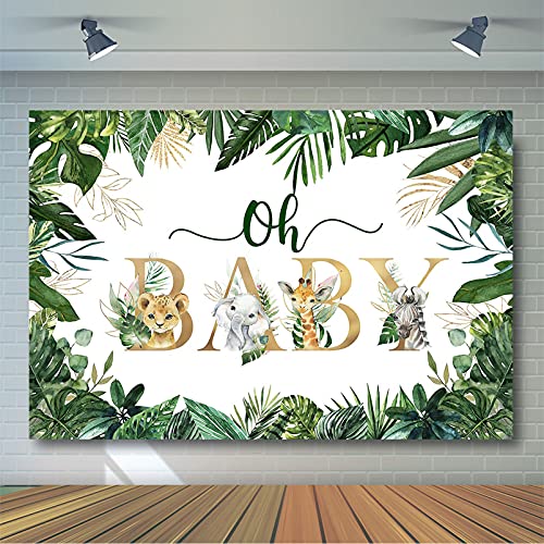 Avezano Jungle Animals Oh Baby Backdrop for Baby Shower Decoration Photography Background Safari Gold Green Greenery Leaves Gender Neutral Baby Shower Birthday Party Photoshoot (7x5ft)
