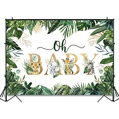 Avezano Jungle Animals Oh Baby Backdrop for Baby Shower Decoration Photography Background Safari Gold Green Greenery Leaves Gender Neutral Baby Shower Birthday Party Photoshoot (7x5ft)