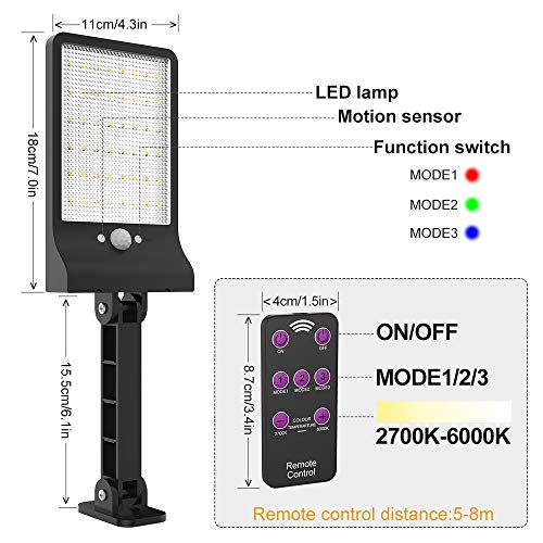 highydroLED Solar Lights Outdoor with Remote and Color Temperature Adjustment 2700K to 6000K, 48LED Solar Motion Sensor Light with 3 Modes,Waterproof IP65 Night Light for Garden Garage [Pack of 2]