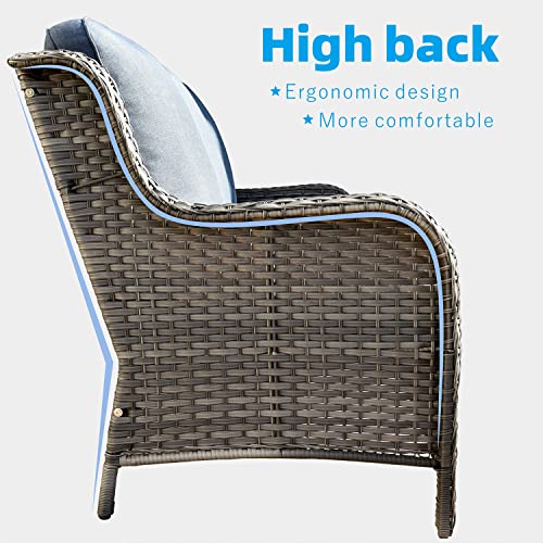 XIZZI Patio Furniture Set Patio Chairs Set of 4 with 30 Inch Gas Propane Fire Pit Table Outside High Back Wicker Rattan 5 Piece Furniture for Garden Balcony Lawn and Deck (3, Grey/Denim Blue)