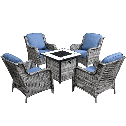 XIZZI Patio Furniture Set Patio Chairs Set of 4 with 30 Inch Gas Propane Fire Pit Table Outside High Back Wicker Rattan 5 Piece Furniture for Garden Balcony Lawn and Deck (3, Grey/Denim Blue)