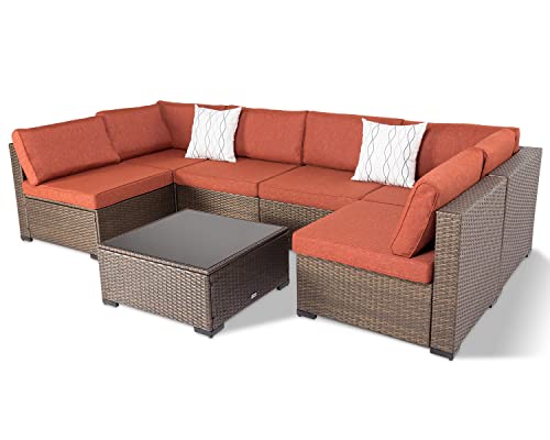 Kinfant Outdoor Furniture Patio Furniture Set - PE Rattan Wicker Conversation Set with Glass Table and Cushions, Sectional Sofa Outdoor