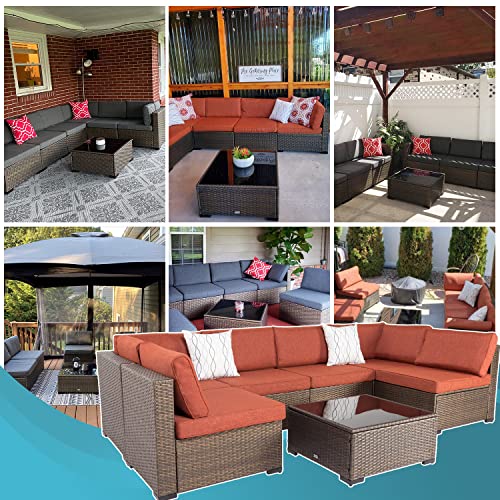 Kinfant Outdoor Furniture Patio Furniture Set - PE Rattan Wicker Conversation Set with Glass Table and Cushions, Sectional Sofa Outdoor