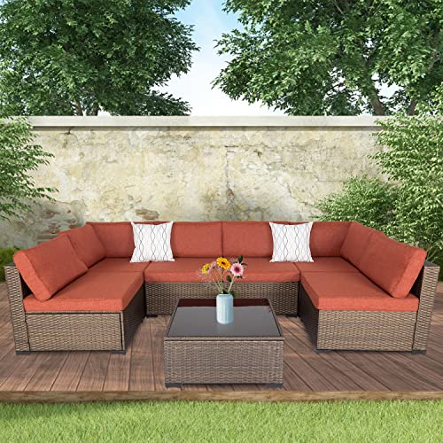 Kinfant Outdoor Furniture Patio Furniture Set - PE Rattan Wicker Conversation Set with Glass Table and Cushions, Sectional Sofa Outdoor