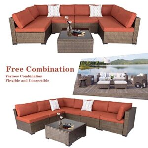 Kinfant Outdoor Furniture Patio Furniture Set - PE Rattan Wicker Conversation Set with Glass Table and Cushions, Sectional Sofa Outdoor